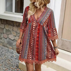 Boho V Neck Lace Trim Floral Print Short Dress