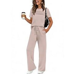 Short Sleeve Ruched Top & Drawstring Wide-Leg Pants Set