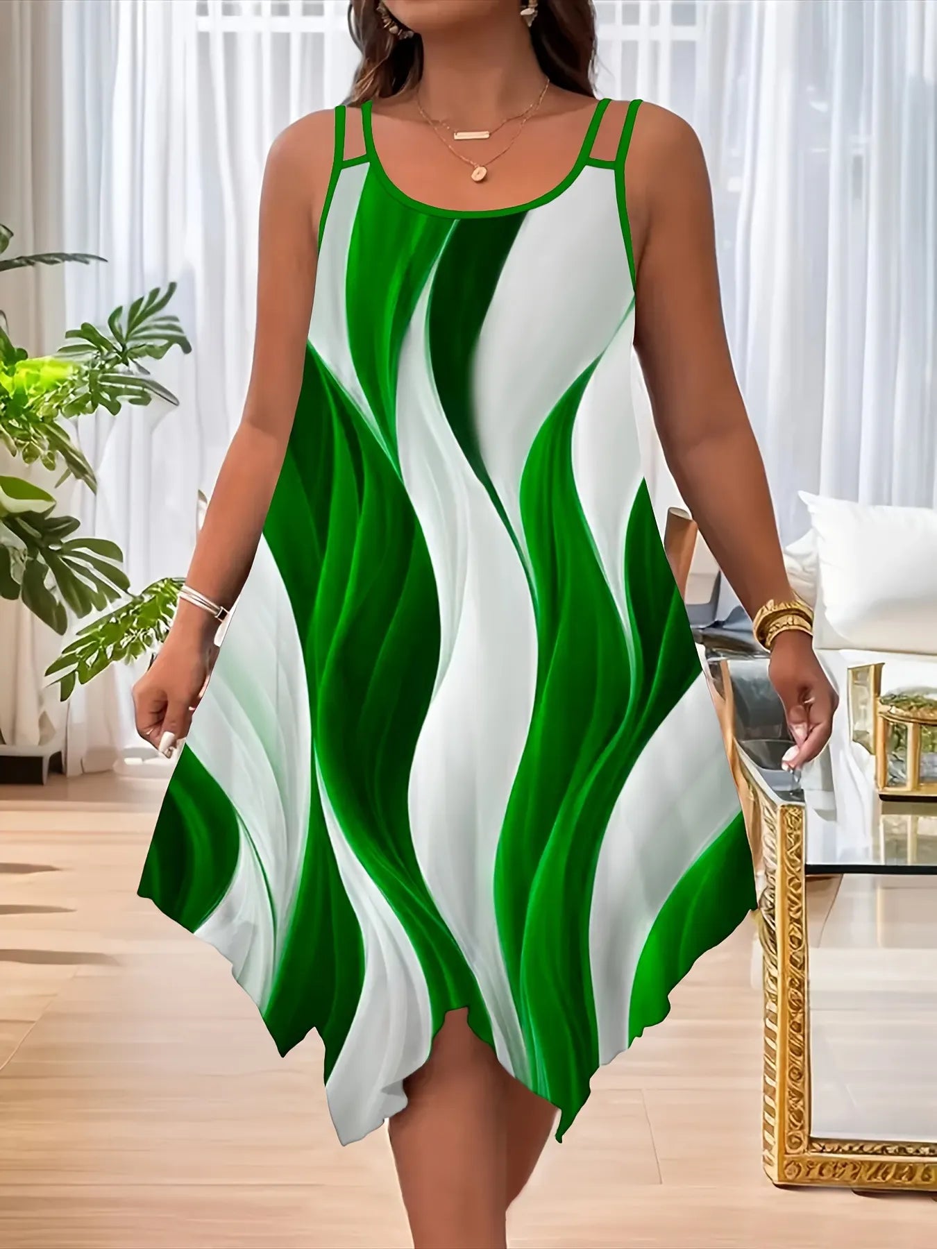 Wave Print Round Neck Double Spaghetti Strap Loose Irregular Hem Midi Dress