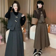 V-Neck Vest & Pleated Skirt Two-Piece Suit