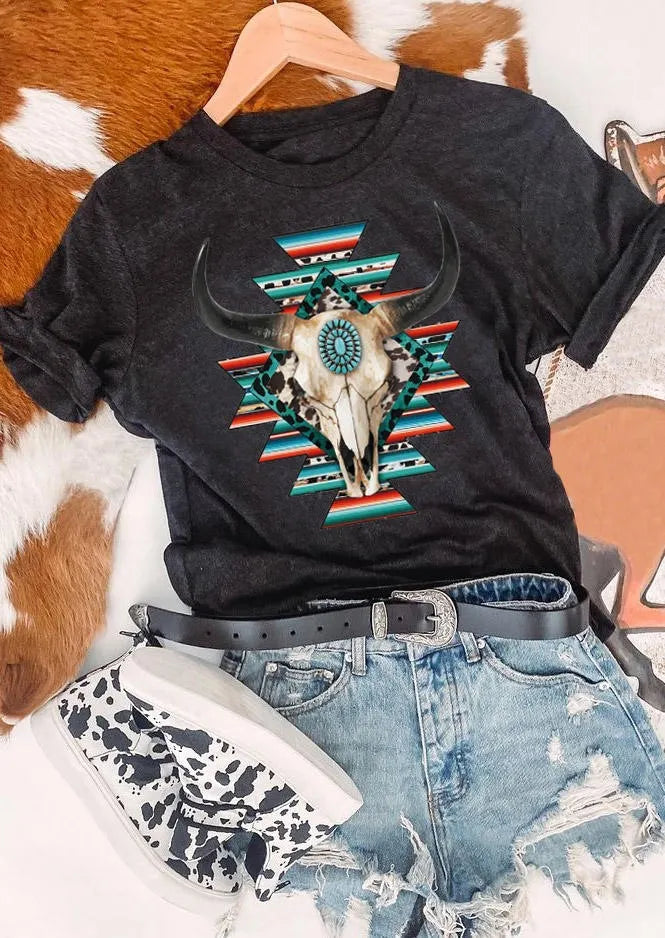 Halloween Skull Face Print Crew Neck Short Sleeve T‑Shirt