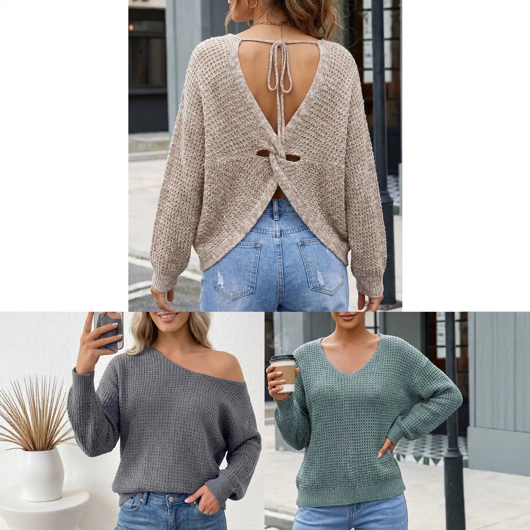 Trendy Back Cutout Tie Knit Pullover Long Sleeve Cropped Statement Sweater for Women