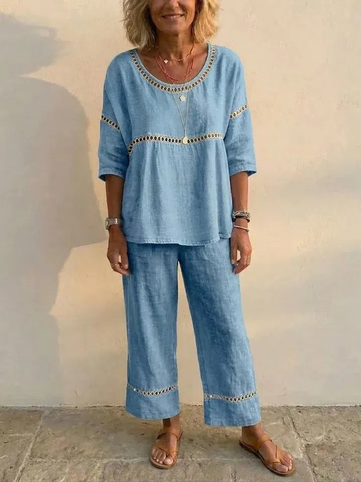 Linen Blend Eyelet 2-Piece Set, Round Neck Blouse and Wide Leg Pants