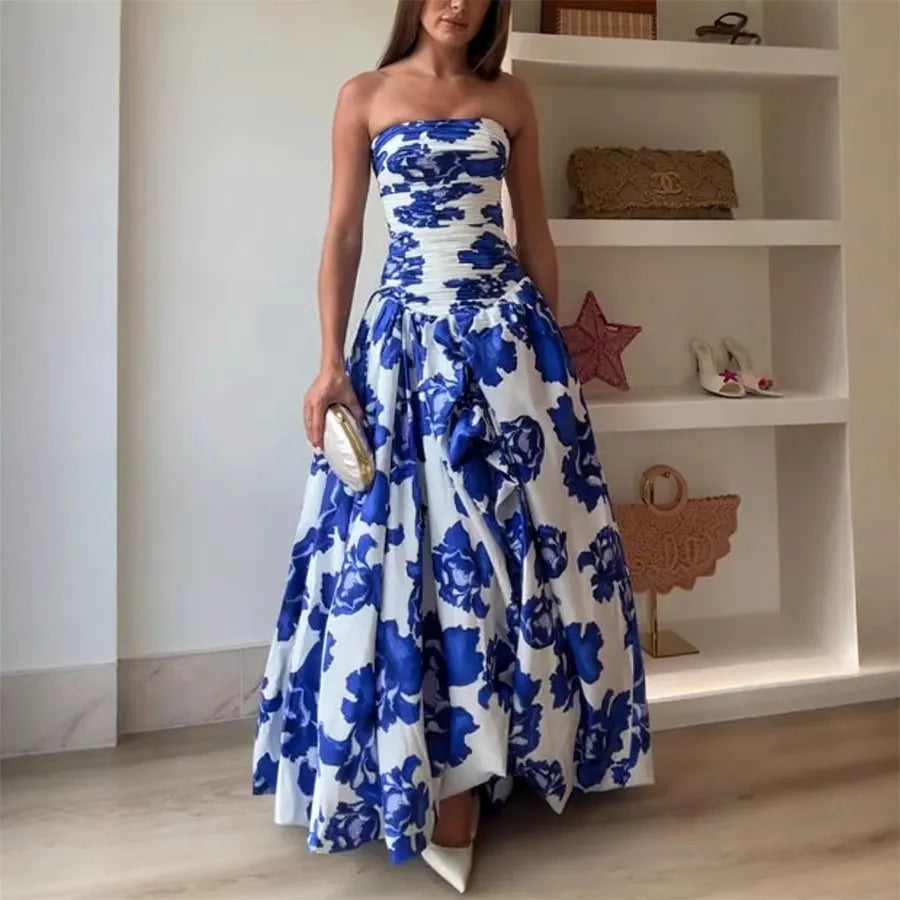 Strapless Ruched Floral Print Maxi Dress