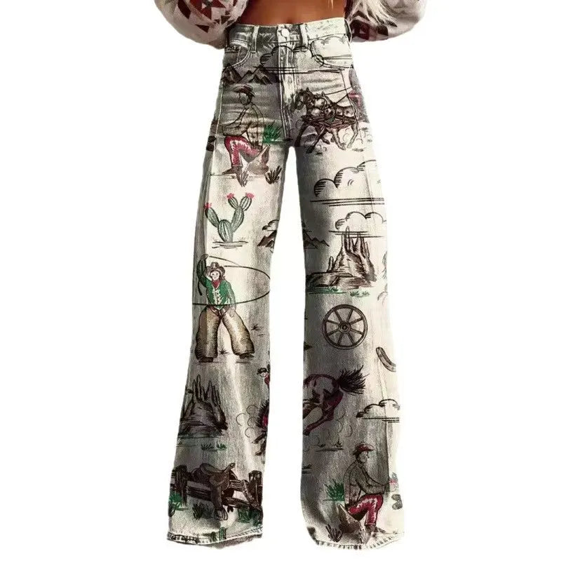 High Waist Western Cowboy Horse Print Wide Leg Pants