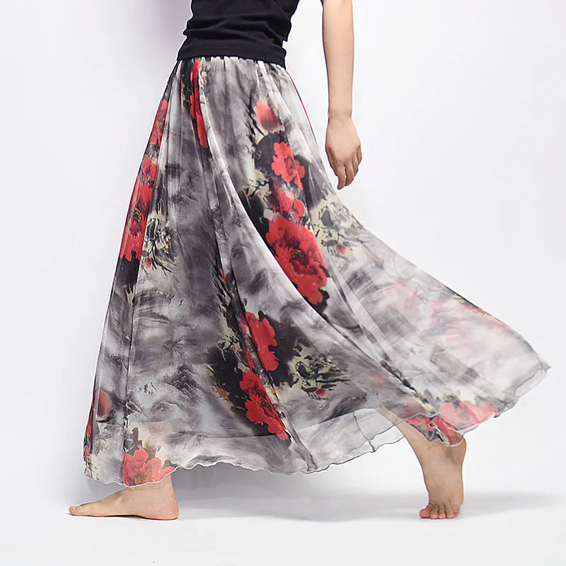 Floral Print Chiffon Maxi Skirt High Waist Flowy A-Line Skirt