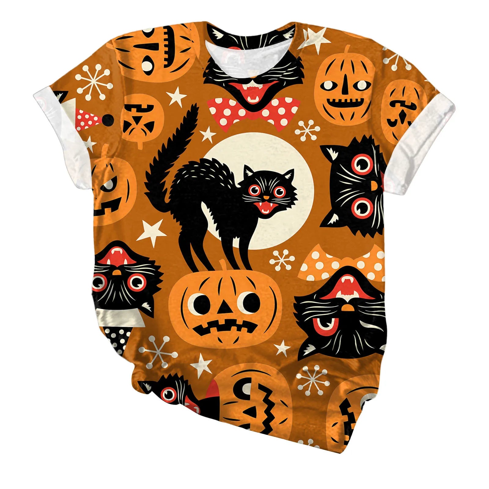 Halloween Black Cat Pumpkin Print Crew Neck Short Sleeve T‑Shirt