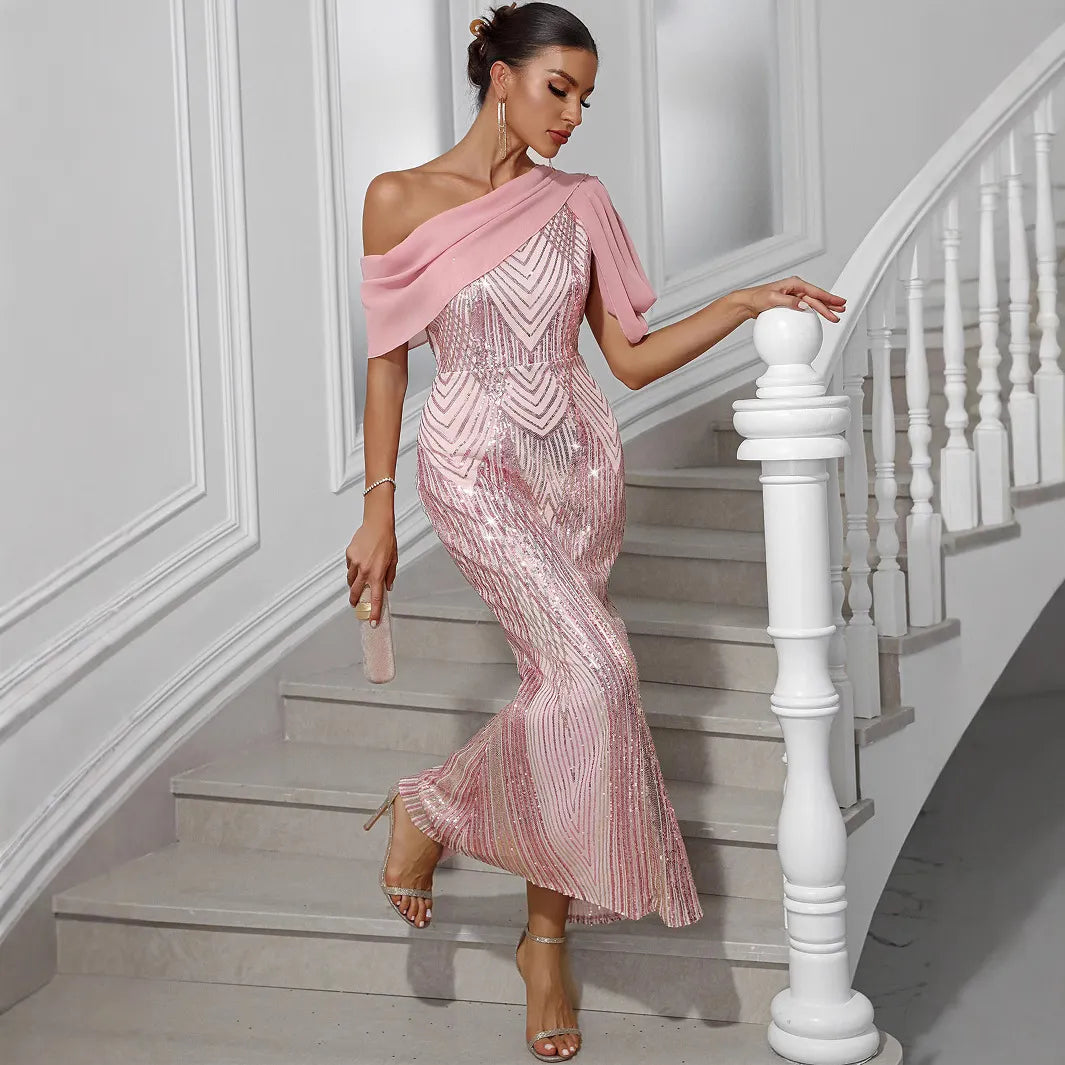 One Shoulder Sequin Mermaid Evening Gown