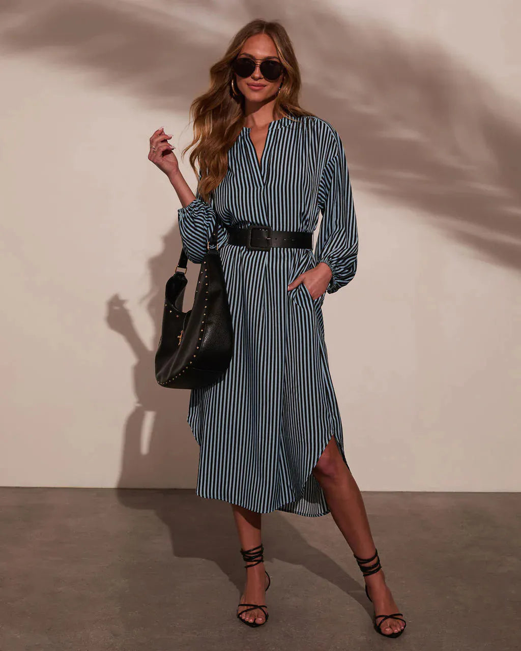 Stripe Balloon Sleeve Midi Shirt Dress With Belt