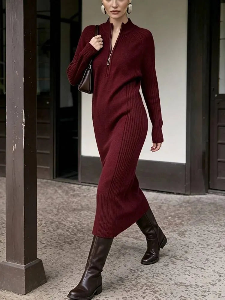 Burgundy Half Zip Cable Knit Midi Dress