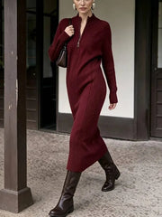 Burgundy Half Zip Cable Knit Midi Dress