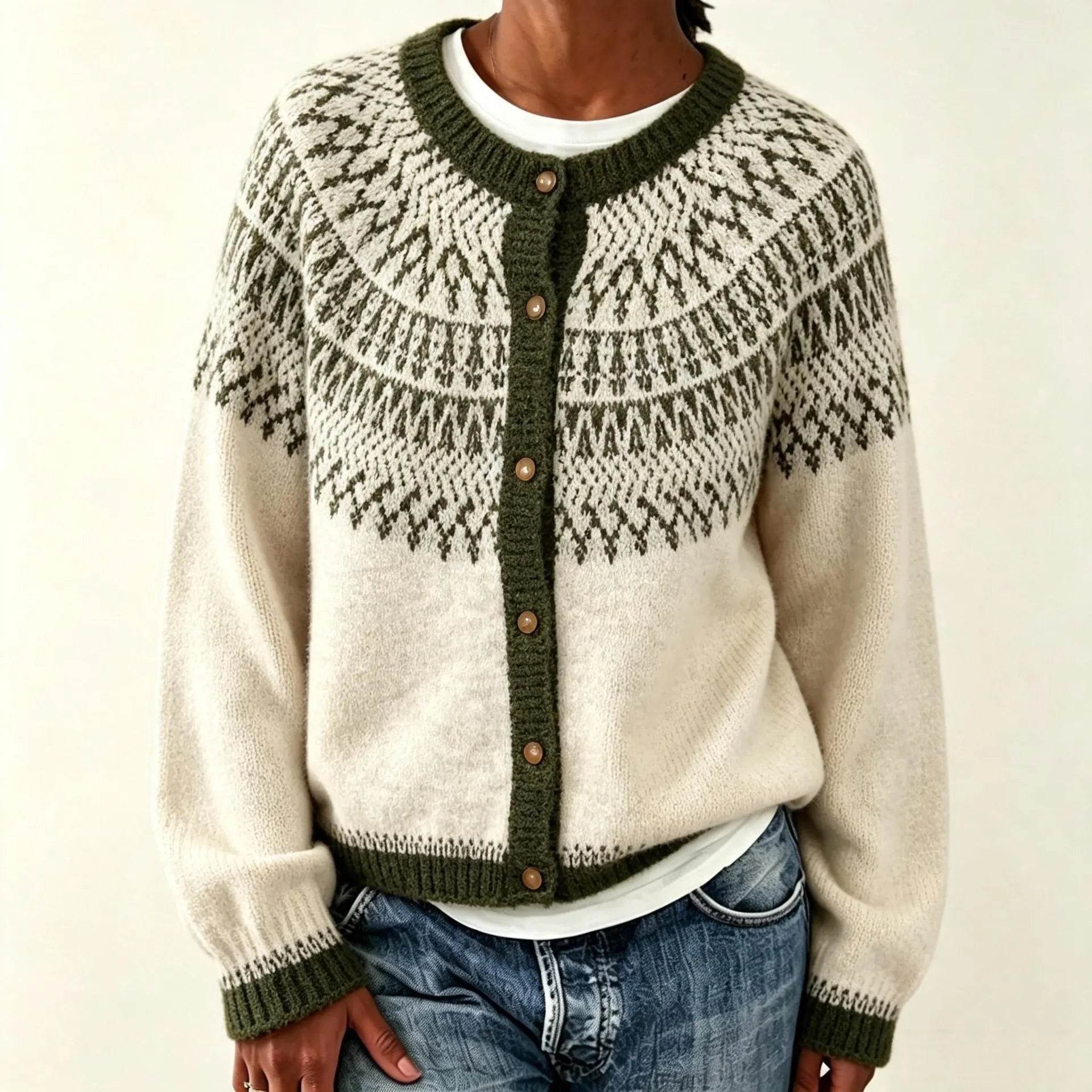 Nordic Geometric Pattern Knit Cardigan Round Neck Button Front Cozy Long Sleeve Sweater for Women