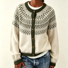 Nordic Geometric Pattern Knit Cardigan Round Neck Button Front Cozy Long Sleeve Sweater for Women
