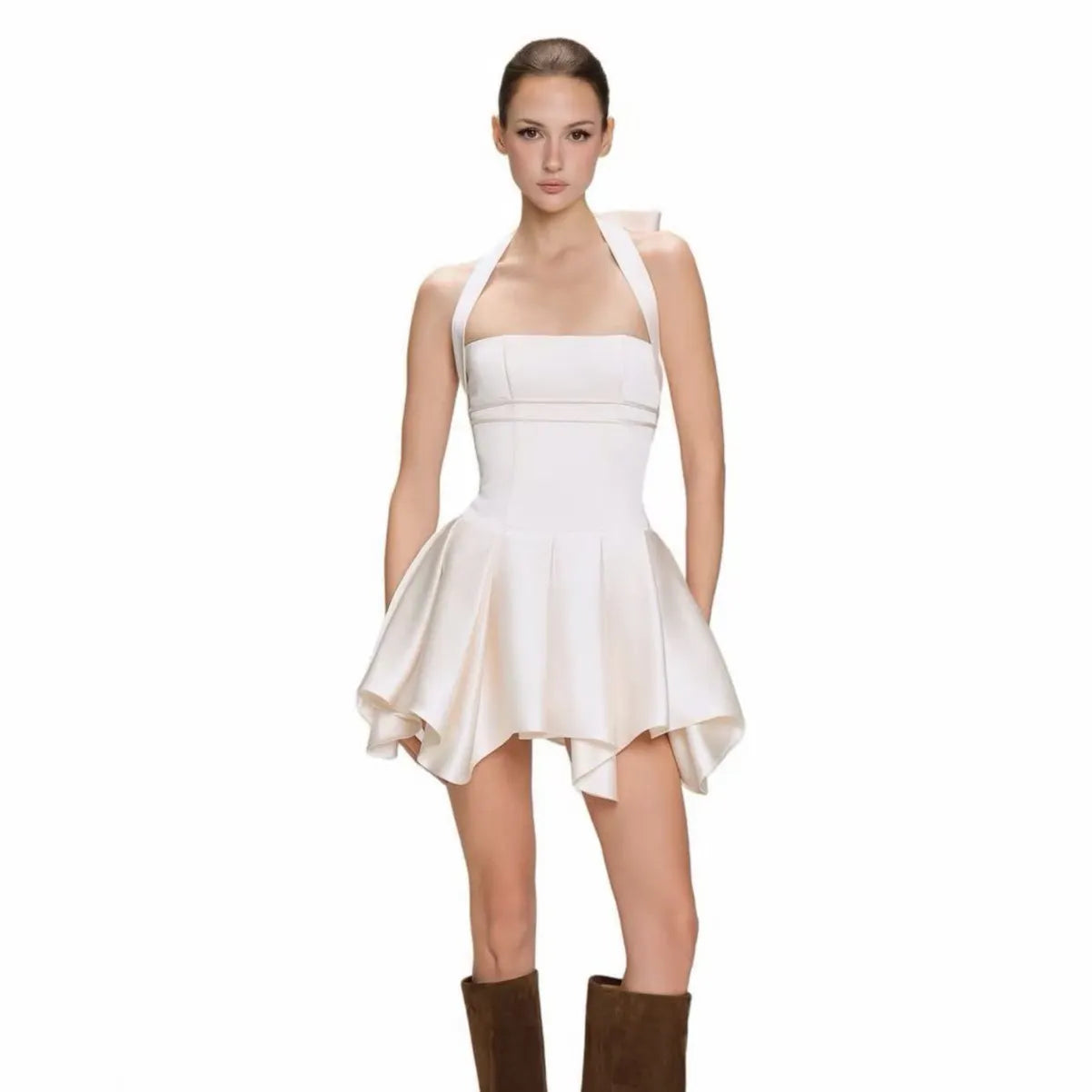 Halter Neck Ruched Slim A-Line Mini Dress