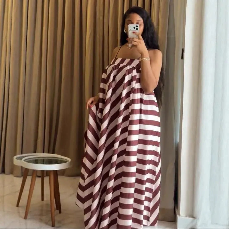 Diagonal Stripe Off Shoulder Spaghetti Strap Maxi Dress Loose Flowy Casual Campus Daily Dress