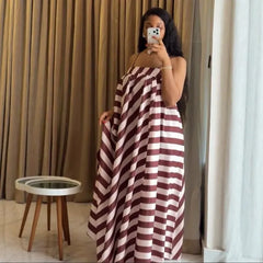 Diagonal Stripe Off Shoulder Spaghetti Strap Maxi Dress Loose Flowy Casual Campus Daily Dress