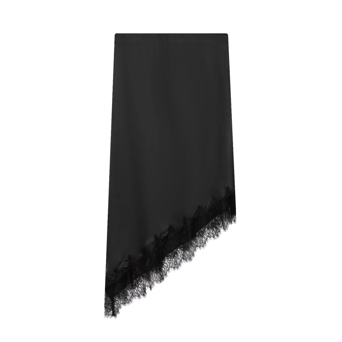 Solid Color Satin Lace Trim Irregular Hem Midi Skirt