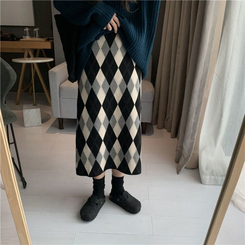 Argyle Knit A-Line Mid-Calf Skirt