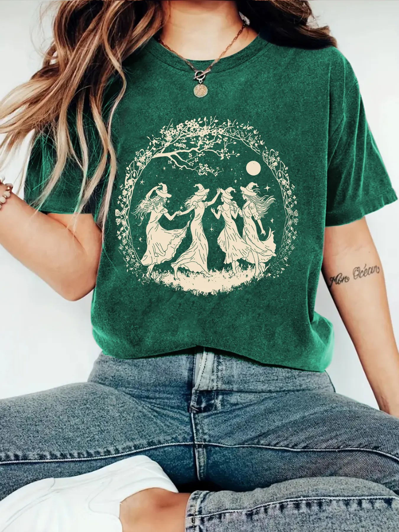 Halloween Witch Moon Floral Print Crew Neck Short Sleeve T‑Shirt
