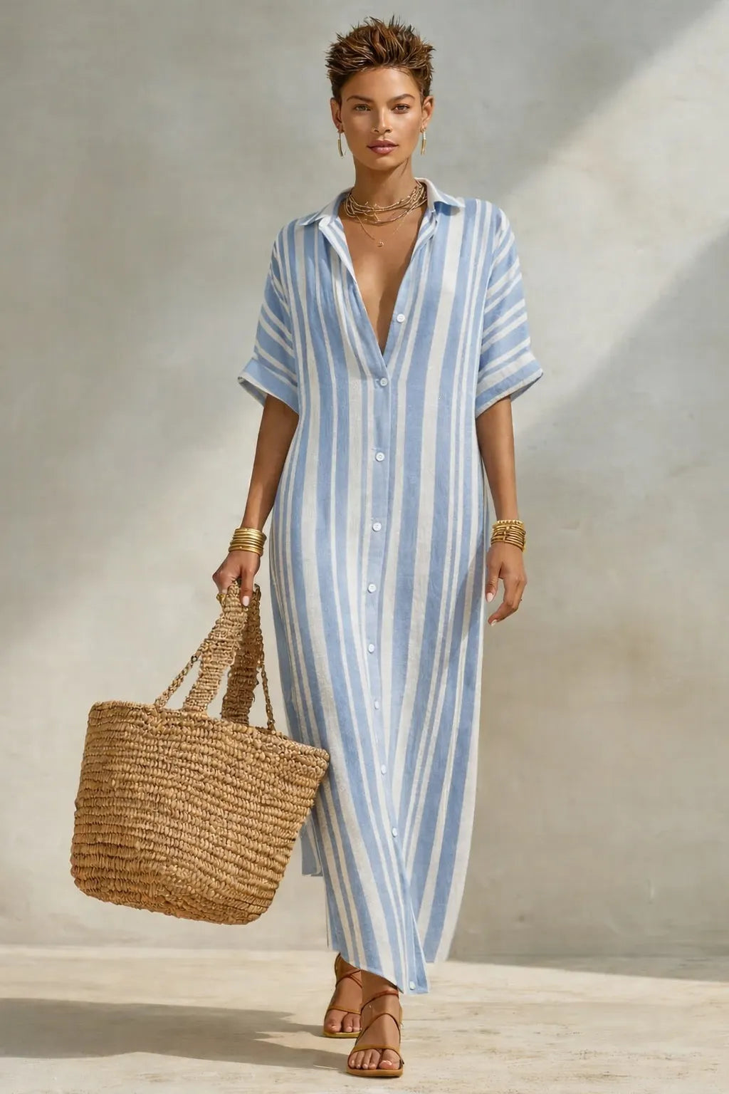 Striped Button Front Shirt Maxi Dress