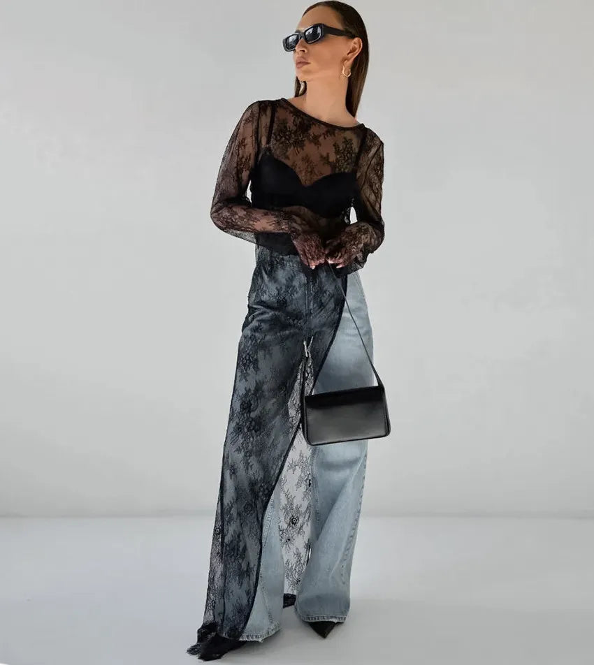 Round Neck Long Sleeve Sheer Lace Asymmetric Slit Maxi Dress