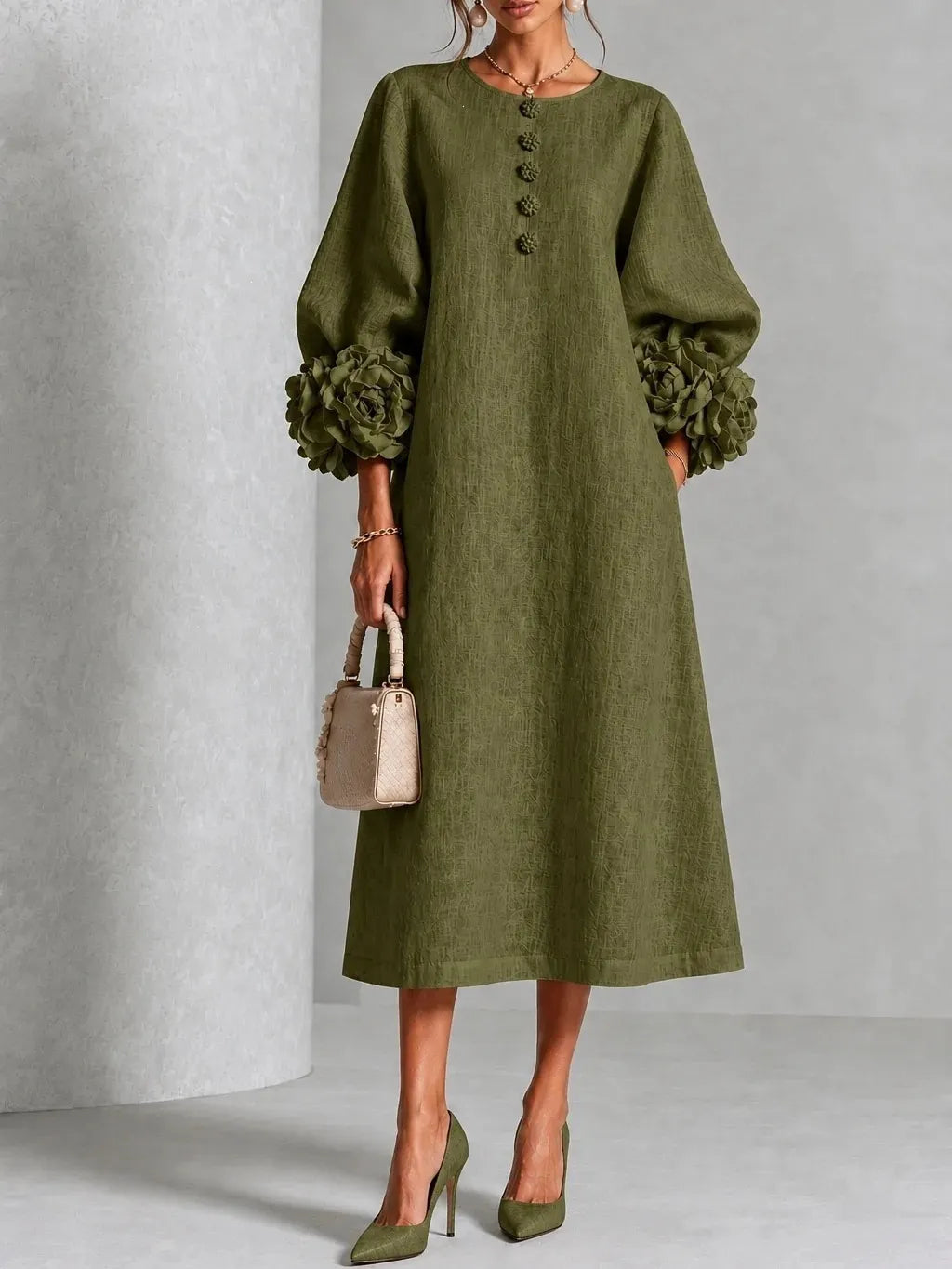 Light Pink Linen Midi Dress, 3D Floral Puff Sleeve Round Neck Button Front Loose Dress With Pockets