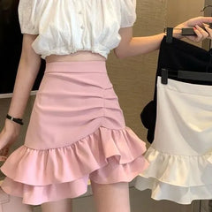High-Waisted Ruched Ruffle Mini Skirt