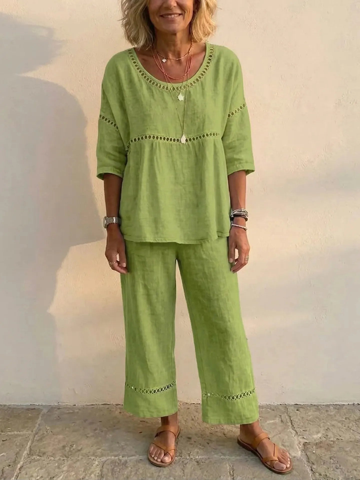 Linen Blend Eyelet 2-Piece Set, Round Neck Blouse and Wide Leg Pants