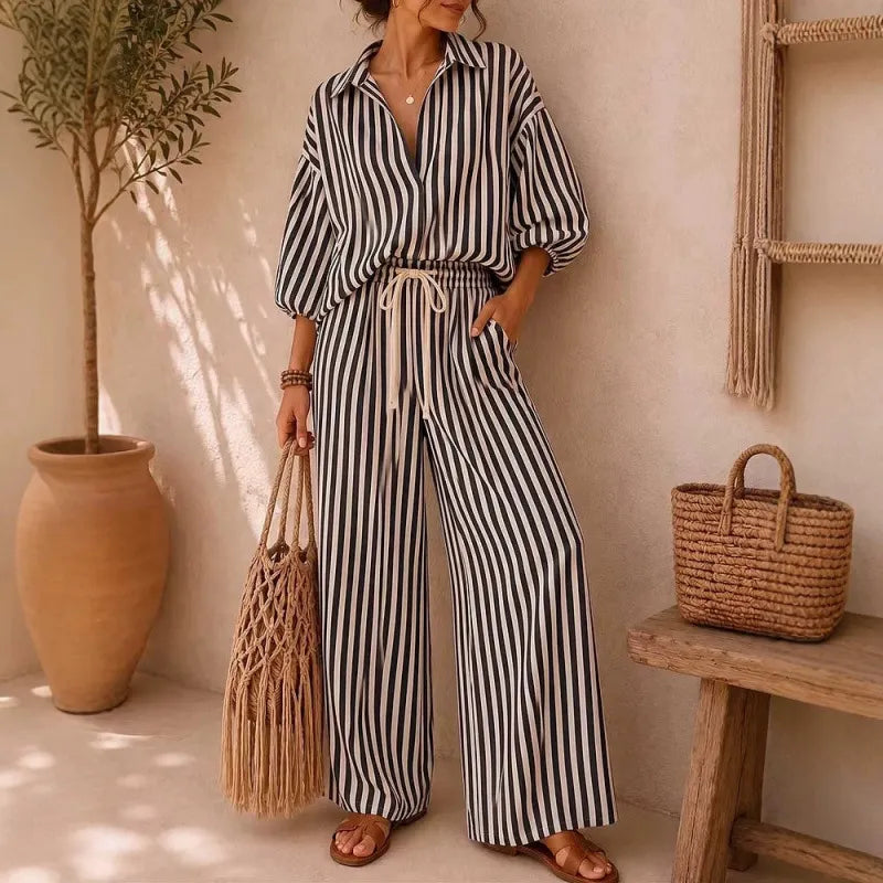 Vertical Stripe Lapel Shirt & Drawstring Wide Leg Pants