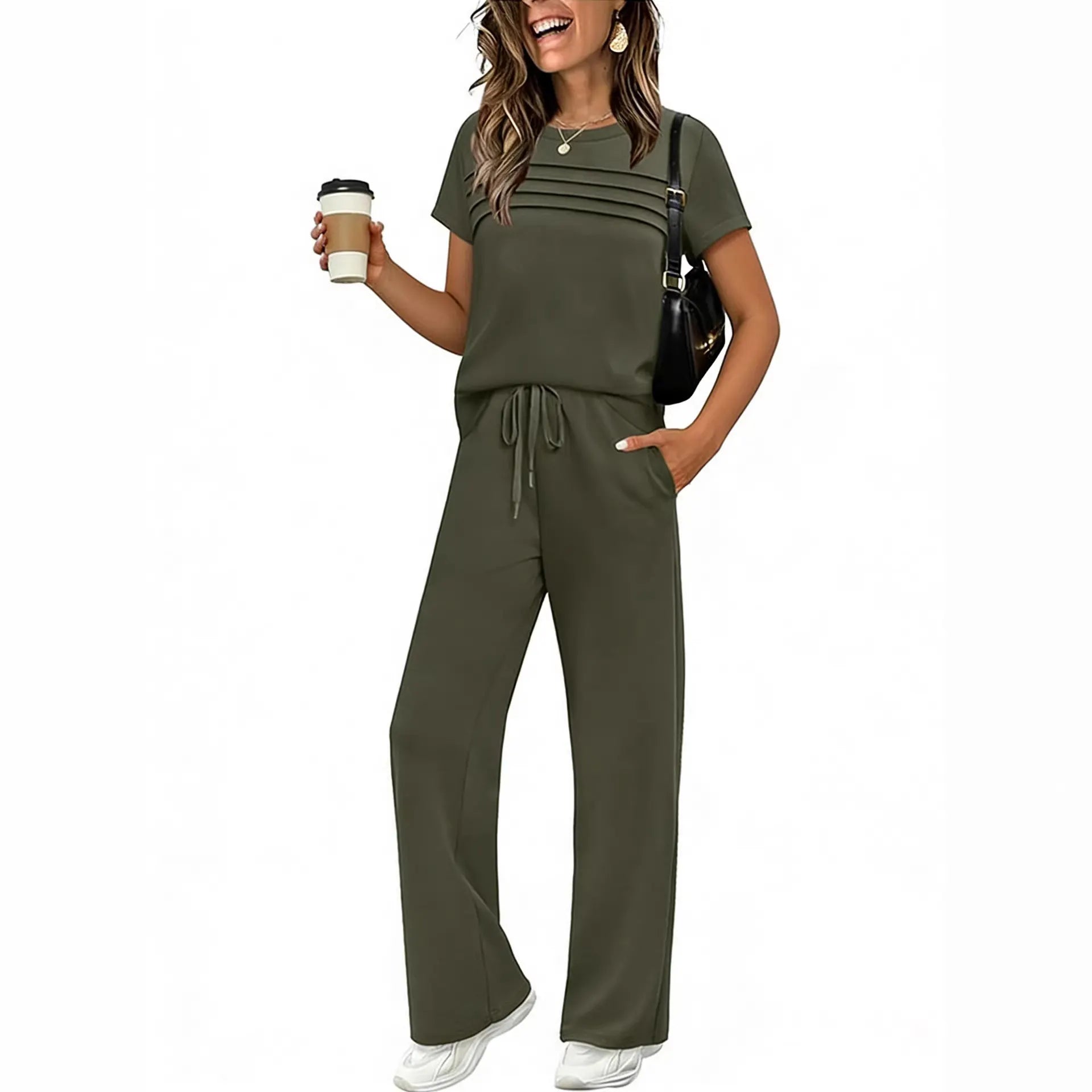 Short Sleeve Ruched Top & Drawstring Wide-Leg Pants Set