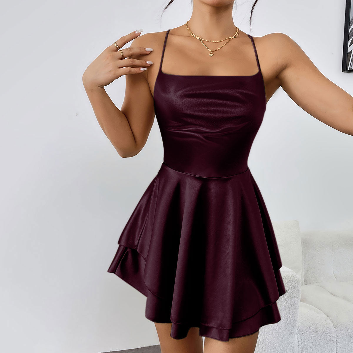 Square Neck Satin Spaghetti Strap Mini Dress