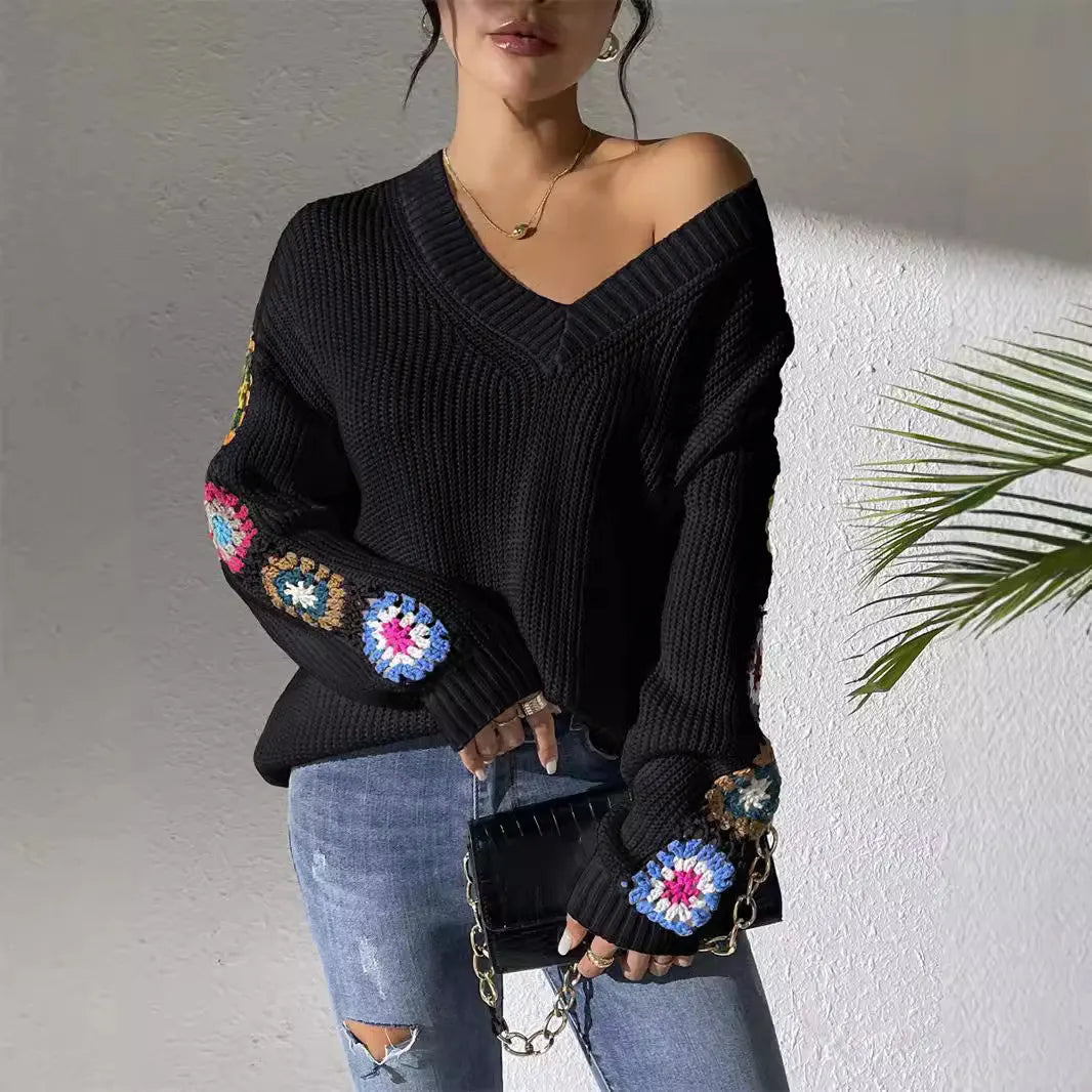 V‑Neck Loose Pullover Sweater With Crochet Floral Sleeve