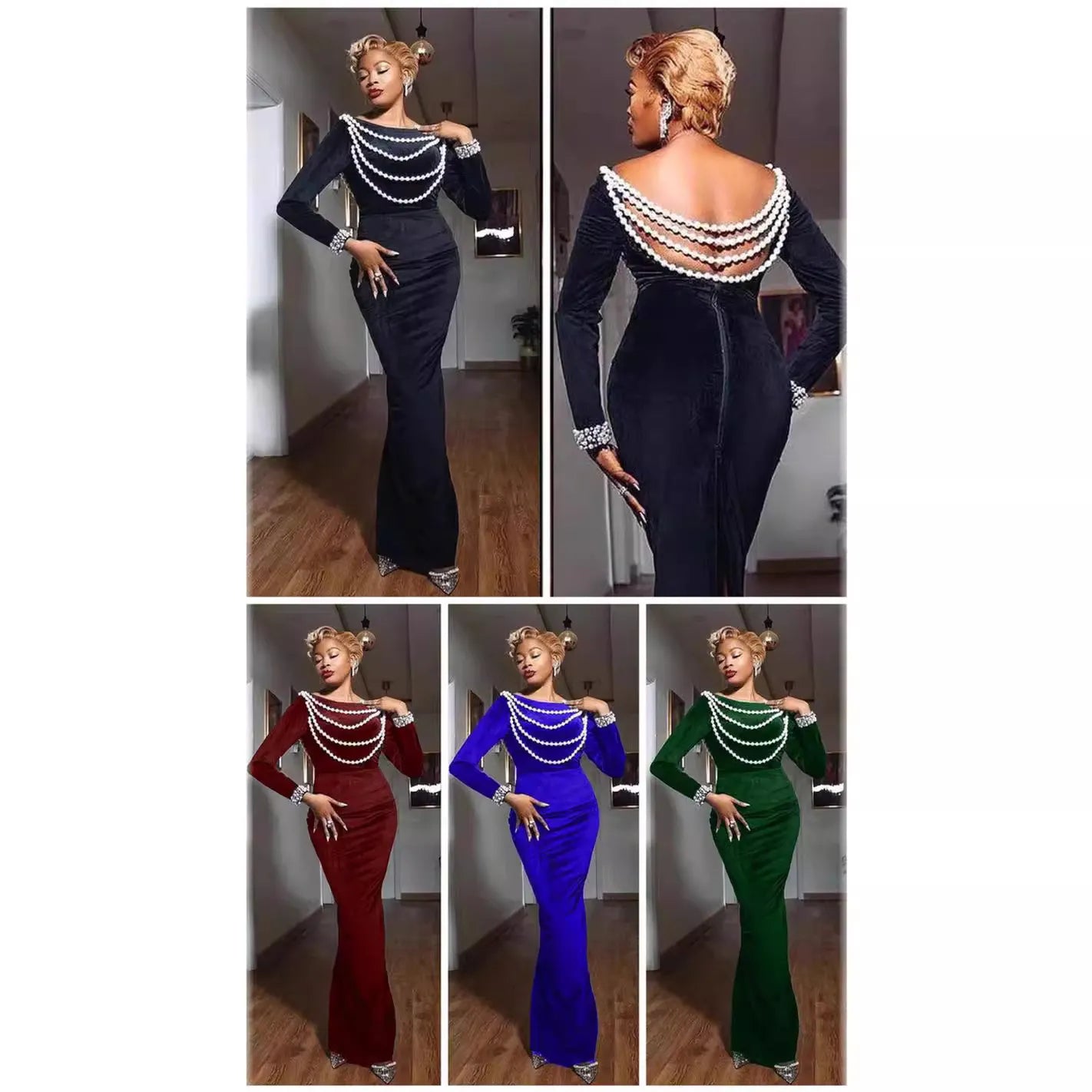 Solid Pearl Beaded Round Neck Long Sleeve High Waist Velvet Mermaid Maxi Dress
