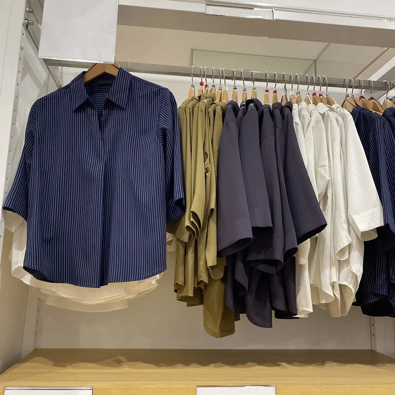 Striped Collared Half-Open Button Shirt