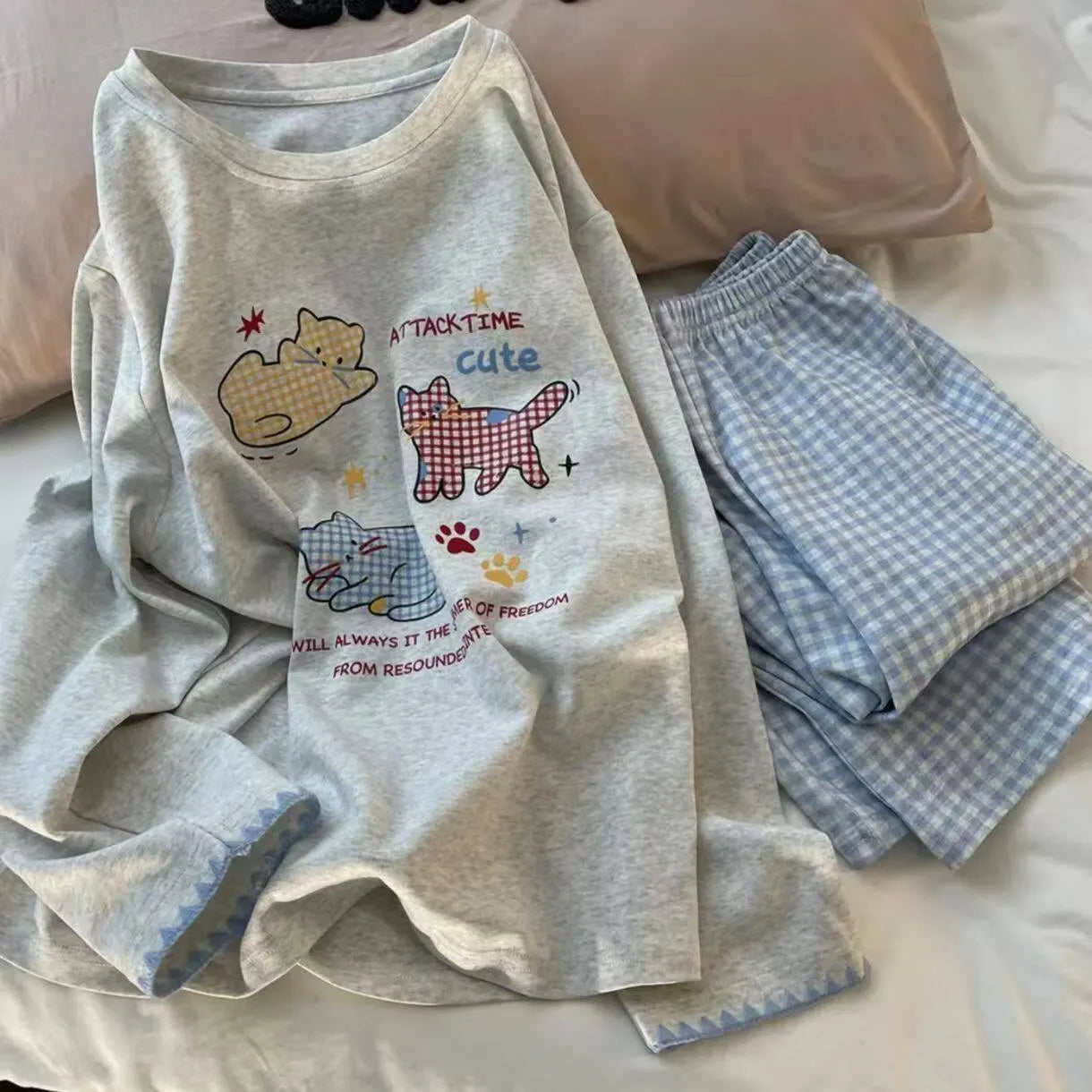 Kawaii Kitten Graphic 2 Piece Sleepwear, Grey Long Sleeve Tee & Blue Plaid Pants Ladies Pyjamas