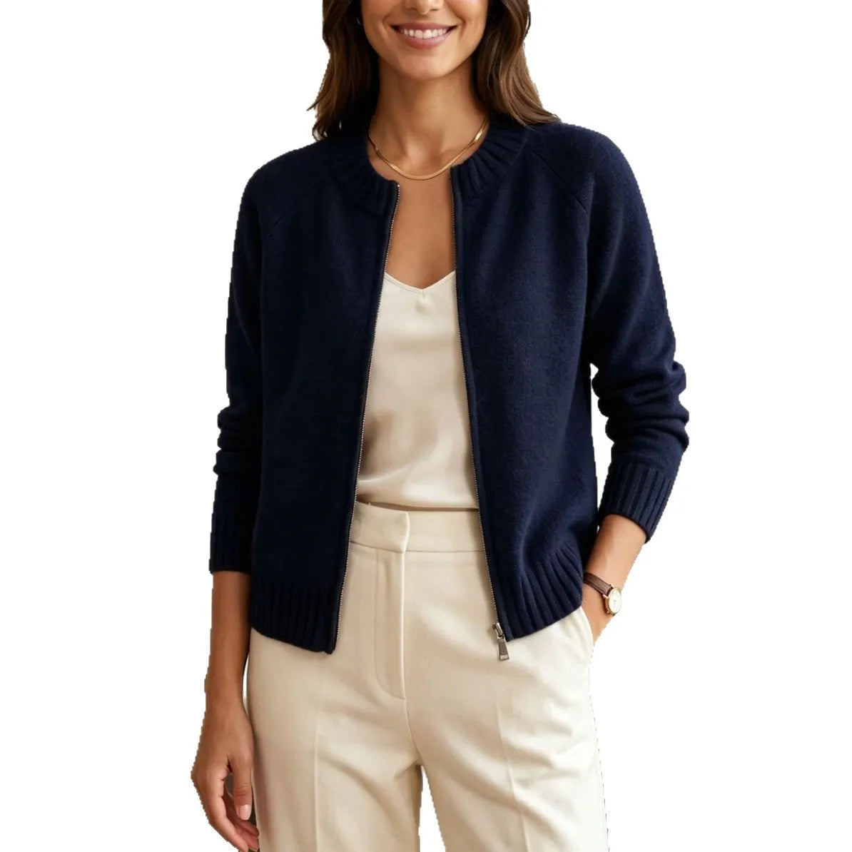 Solid Stand Collar Knit Zip Cardigan, Ladies Long Sleeve Ribbed Hem Casual Sweater Coat