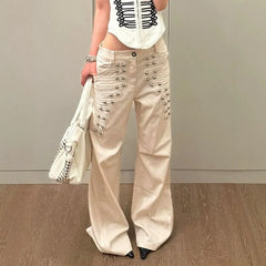 Y2K High Waist Cream Wide Leg Jeans, Metal Stud Decor Flare Denim Trousers
