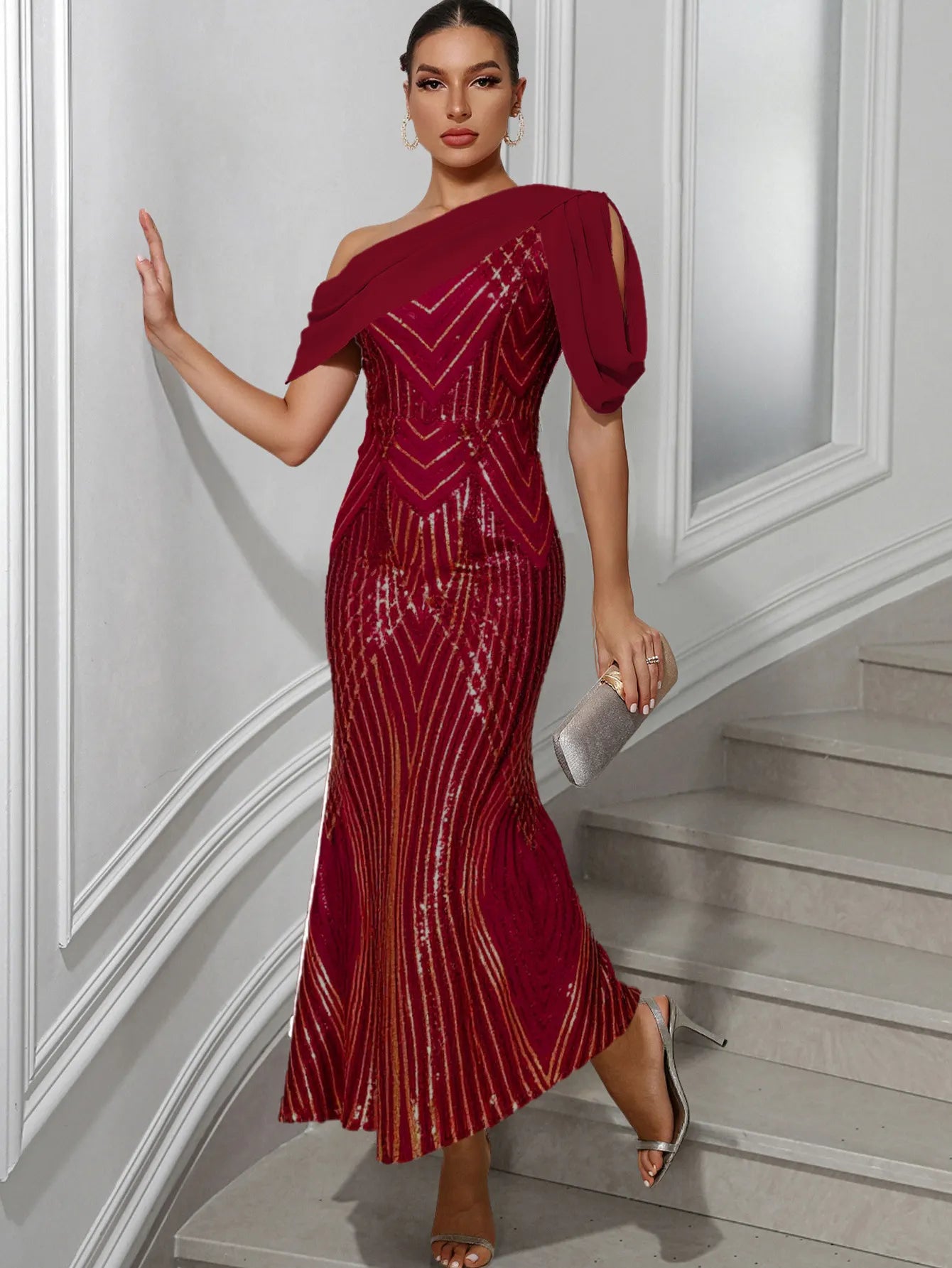 One Shoulder Sequin Mermaid Evening Gown