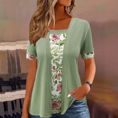 Square Neck Floral Print Fake Two-Piece Short Sleeve Loose Casual Top