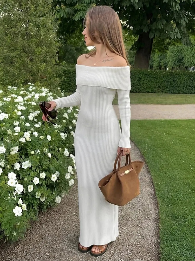 Off Shoulder Ribbed Knit Maxi Dress