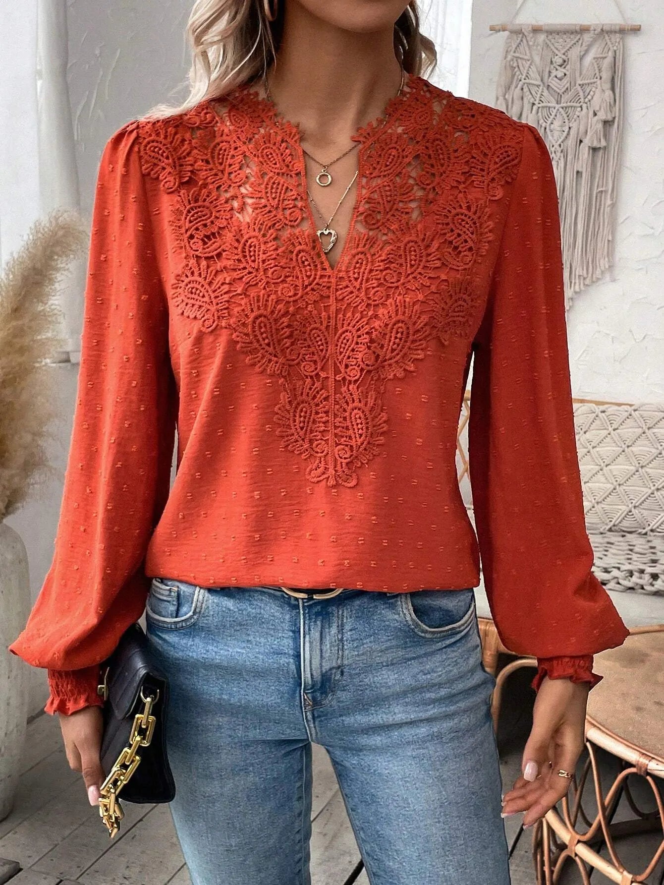 Lace V Neck Puff Sleeve Blouse