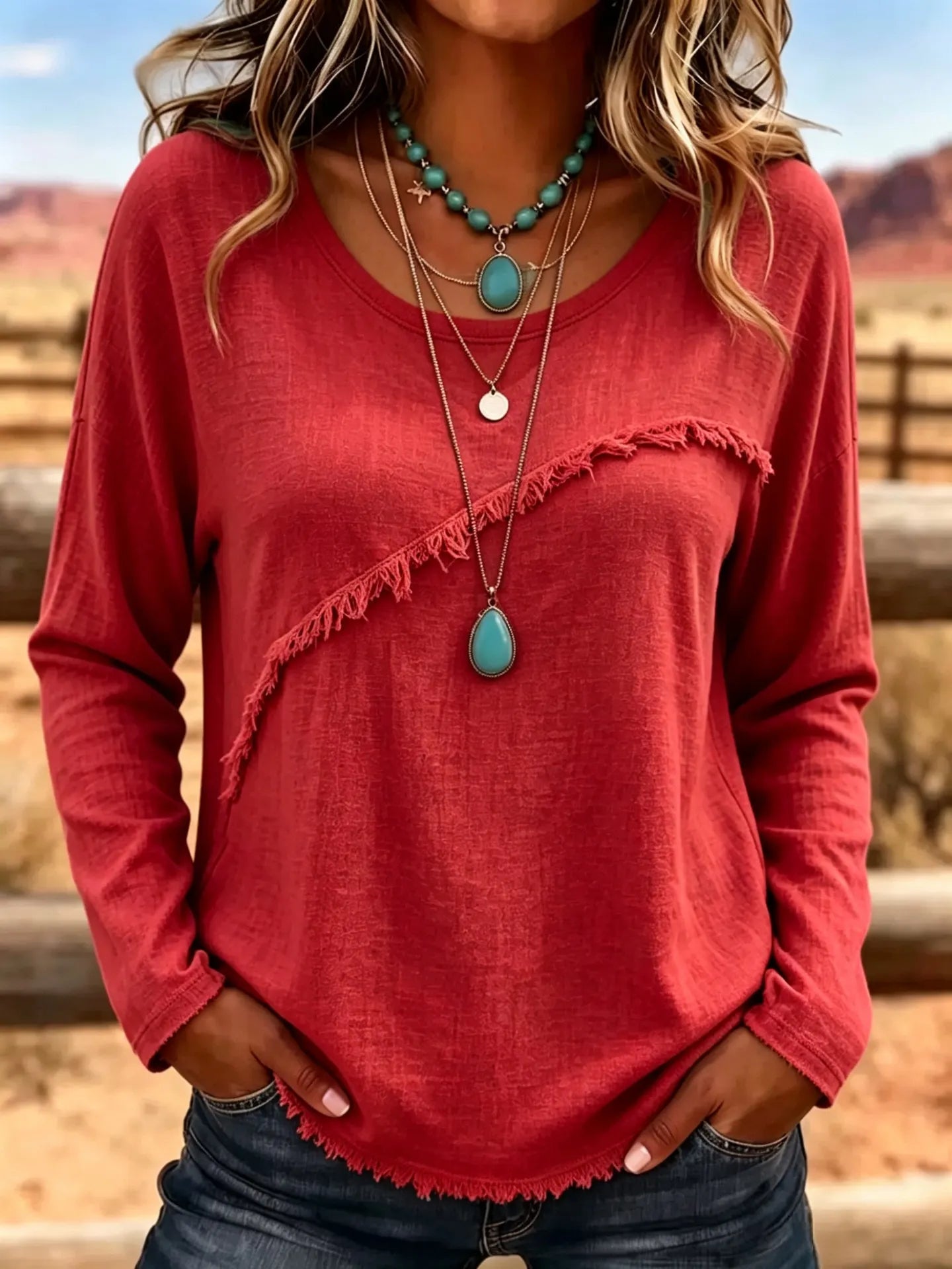 Crew Neck Diagonal Fringe Spliced Long Sleeve Polyester Casual Top