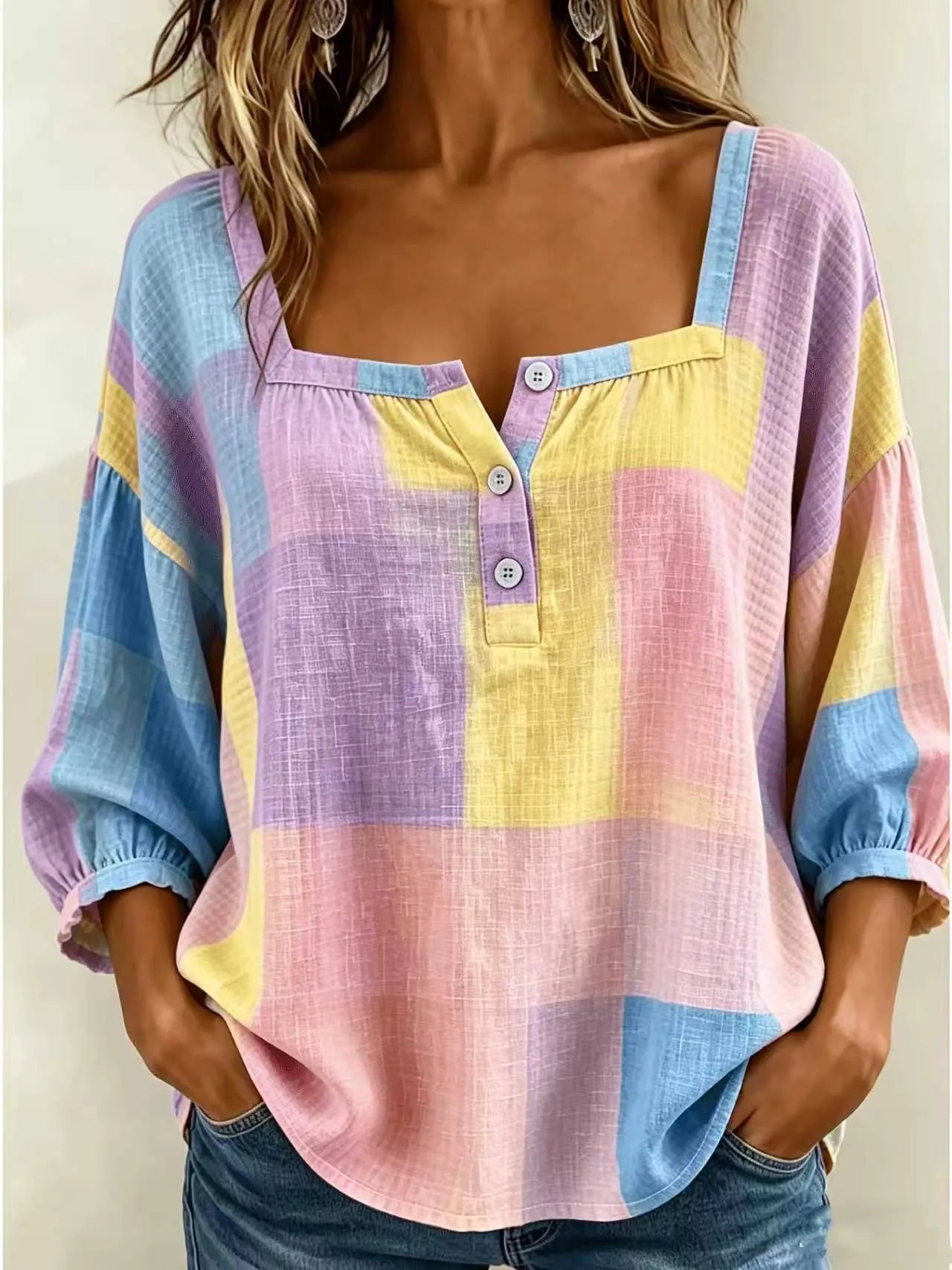 Plaid Square Neck Button Front Bubble 7/4 Sleeve Loose Casual Blouse