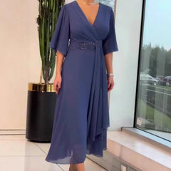 V-Neck Flared Sleeve Wrap Chiffon Maxi Dress