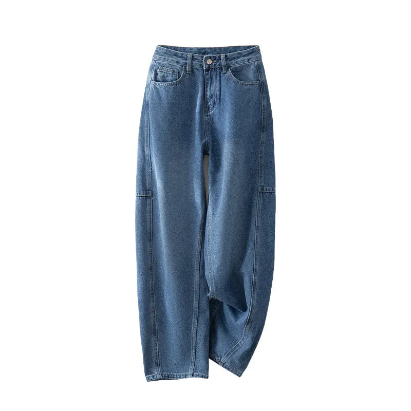 Matching Flowy Linen Look High Waist Loose Straight Washed Denim Casual Long Pants