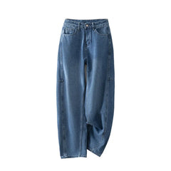 Matching Flowy Linen Look High Waist Loose Straight Washed Denim Casual Long Pants
