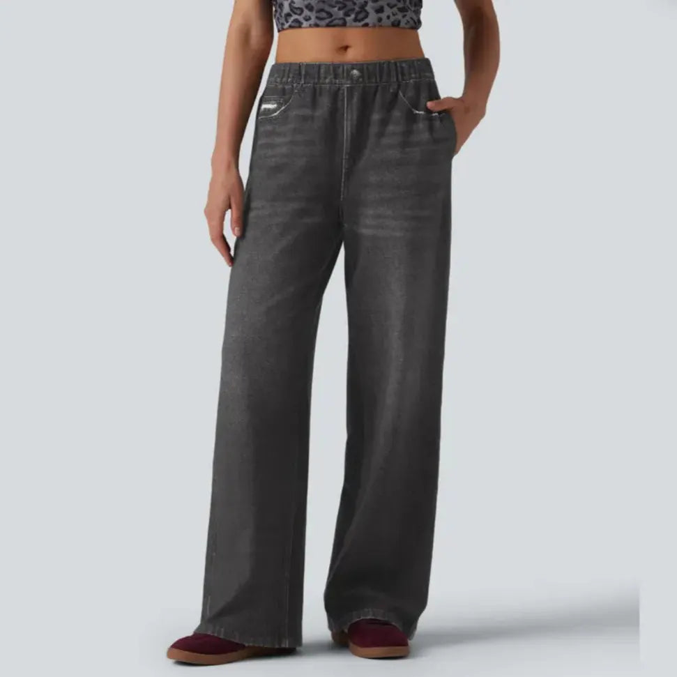 High Waist Faux Denim Wide Leg Trousers, Stretchy Elastic Waist Casual Pants