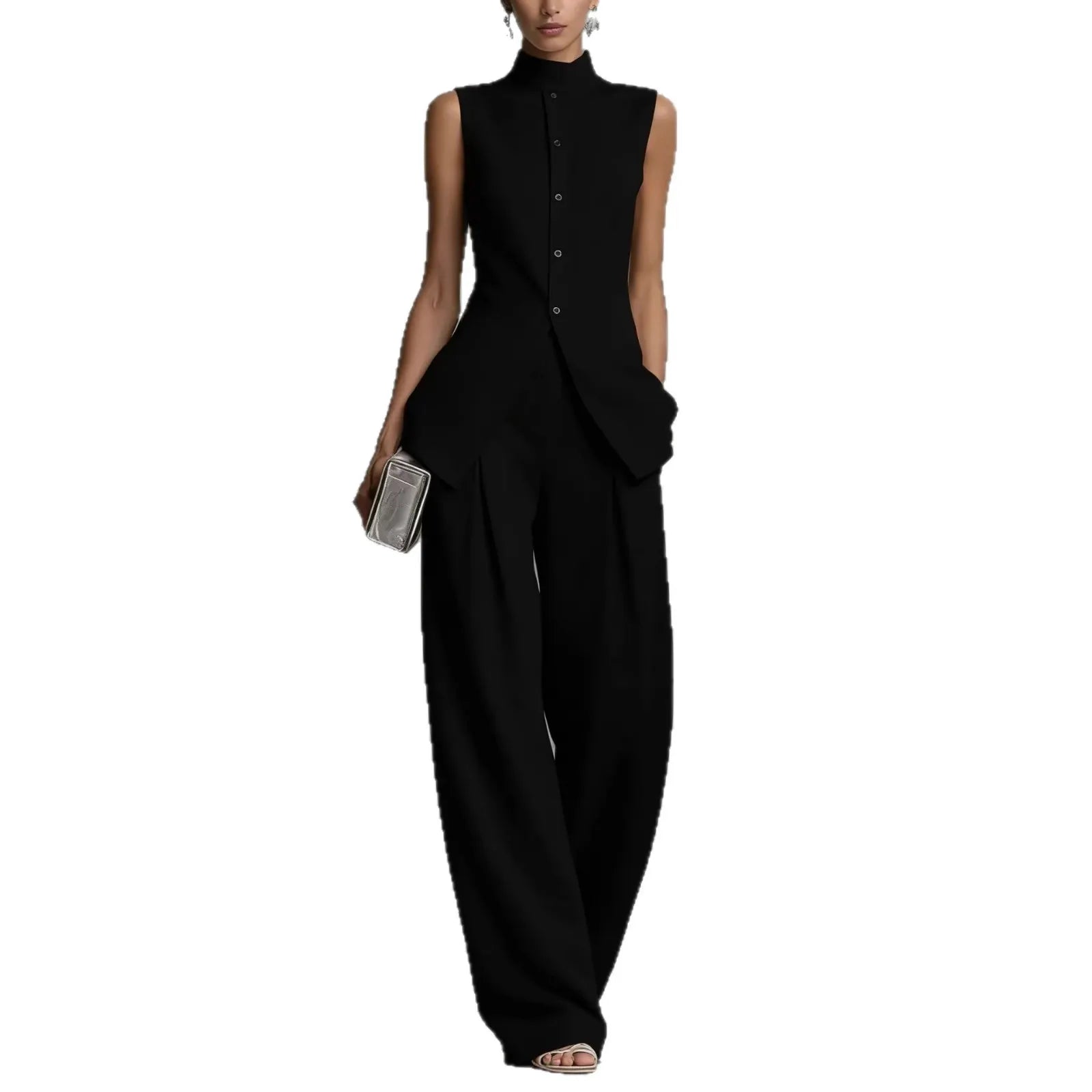 Stand Collar Sleeveless Linen Top & Wide Leg Pants 2 Piece Matching Set