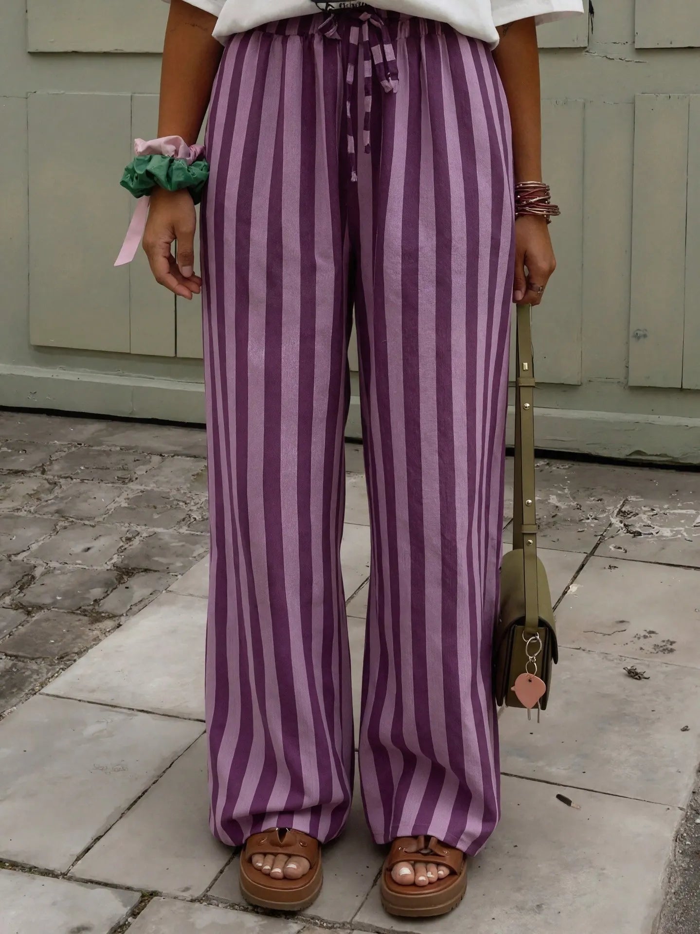 Vertical Stripe Drawstring Wide Leg Casual Pants
