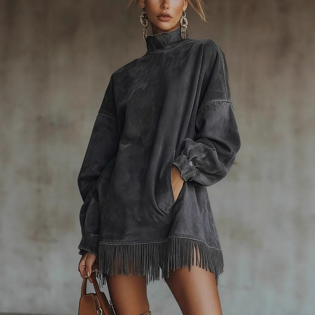 Retro Suede Fringe Hem Turtleneck Tunic Dress